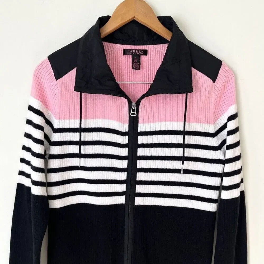 Lauren Ralph Lauren Zip Up Sweater Jacket Sz L Pink Black White Striped Cotton
